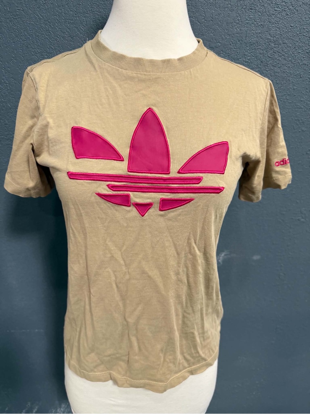 adidas Tan Short Sleeve Tee with Pink Trefoil Patch